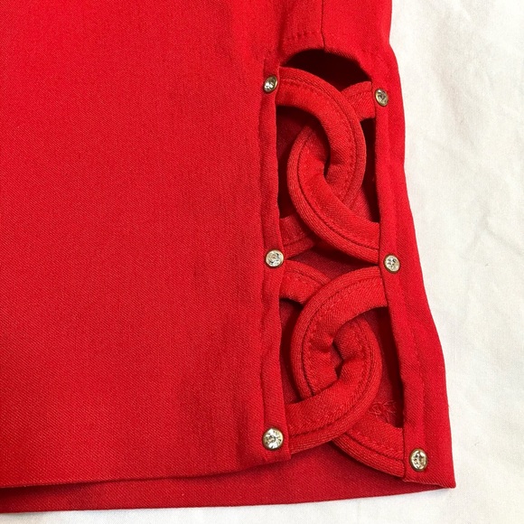 Red cropped pants w/ rhinestone & cutout side hemline accents, Attire NY size 6 - Picture 7 of 14